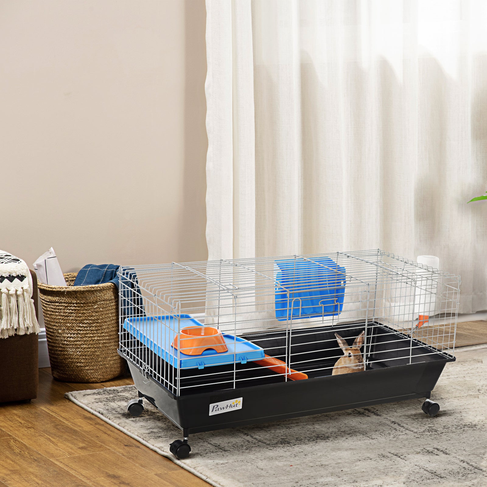 Small Animal Cage Rabbit Guinea Pigs Chinchillas Cage w/ Wheels Water Bottle Food Dish Platform Ramp 89 x 44 x 43 cm Black