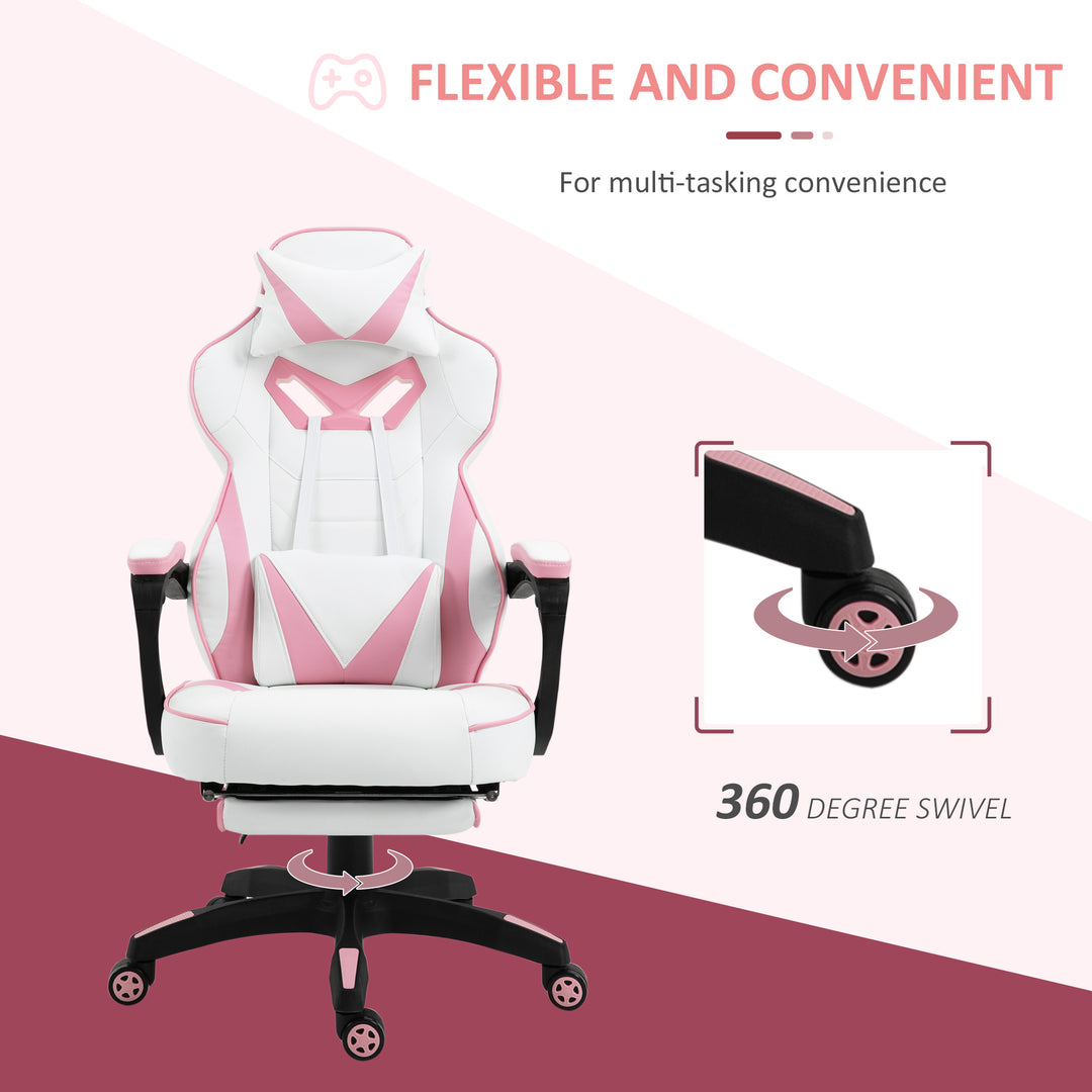 Computer Gaming Chair, Racing Desk Chair with Lumbar Support and Footrest, PU Leather Gamer Chair with Headrest and Swivel Wheels for Home, Pink