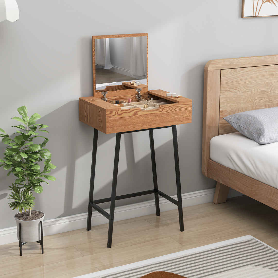 Vanity Desk with Flip-Up Mirror, Industrial Dressing Table with 16 Small Compartments for Bedroom, Natural Wood Effect