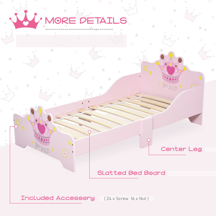 Kids Toddler Bed Princess Crown Theme Safety Side Rails Slats Home Bedroom Furniture Boys Girls 3-6 Yrs Pink 143 x 73 x 60 cm