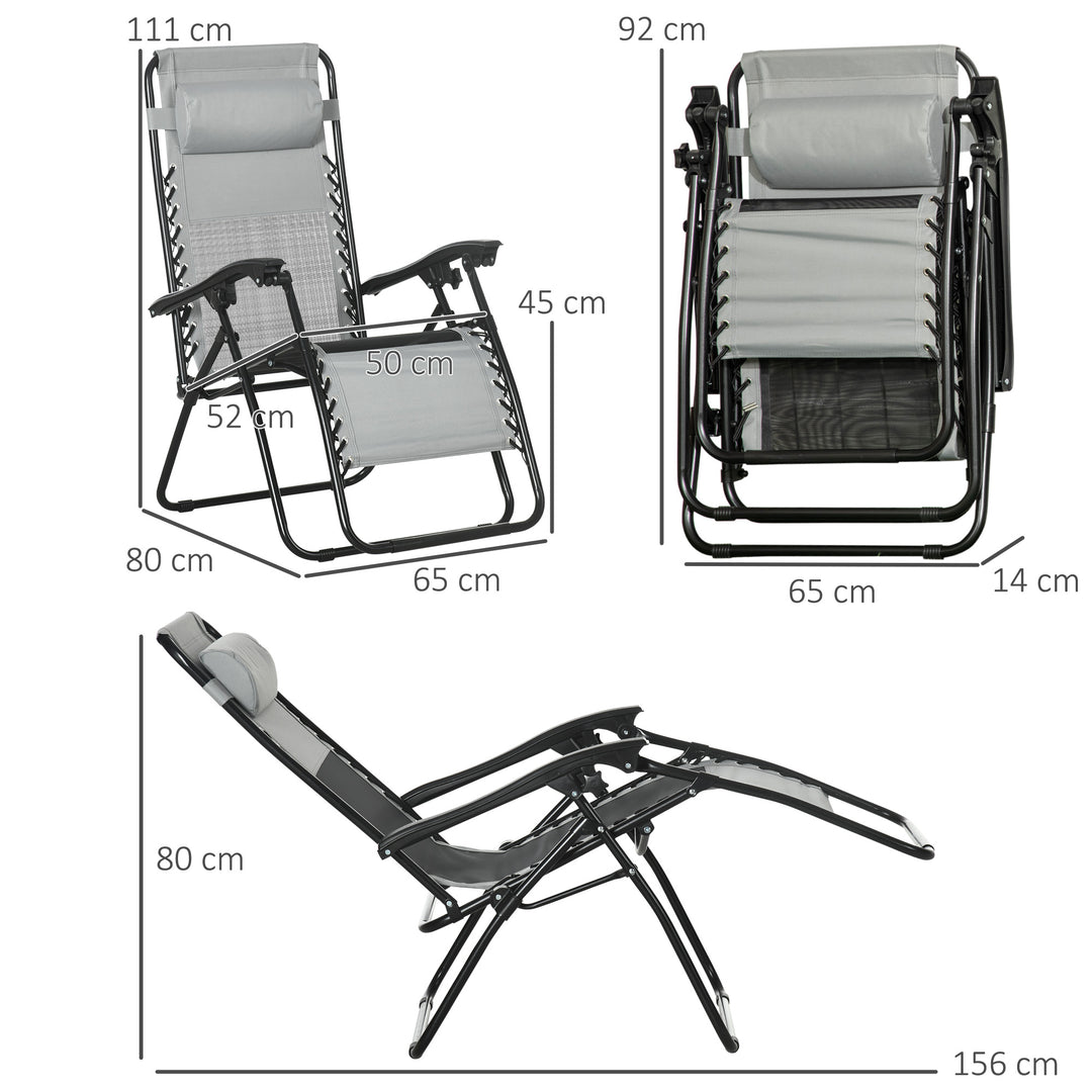 Garden Recliner Chairs Set of 2, Outdoor Foldable Zero Gravity Chairs Set w/ Footstool and Detachable Headrest, Grey