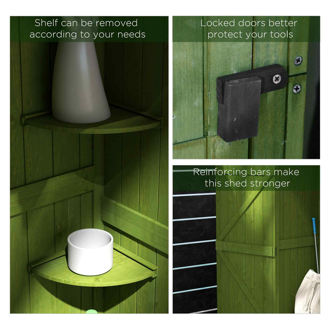 MCL Small Shed, Tall Slim Wooden Garden Shed with 3 Removable Shelves and Roof Hatch, Compact Outdoor Tool Storage Cabinet with Asphalt Roof and Door Latch, 77 x 54.2 x 179 cm, Green