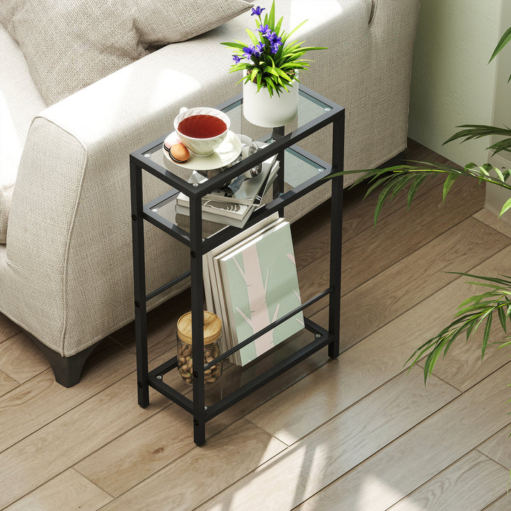 3-Tier Side Table, Narrow End Table with Storage Shelf and Tempered Gl