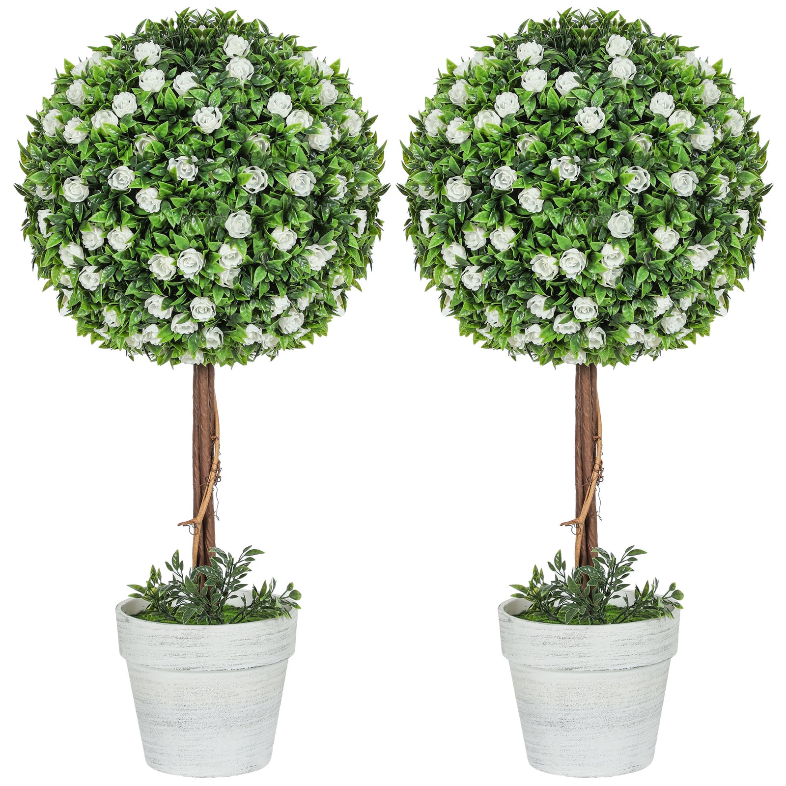 Set of 2 Decorative Artificial Plants, Ball Topiary Tree with Rose Flower in Pot, Fake Plants for Home Indoor Outdoor Decor, 60cm, White