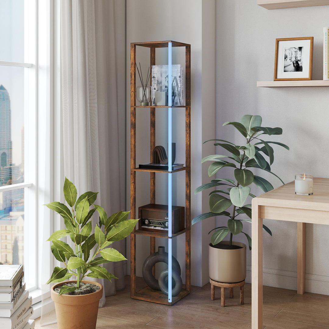 RGB LED Floor Lamp with Shelves, Modern Dimmable Standing Lamp with Remote Control, Adjustable Brightness & Speed for Living Room, Bedroom, Office, Rustic Brown