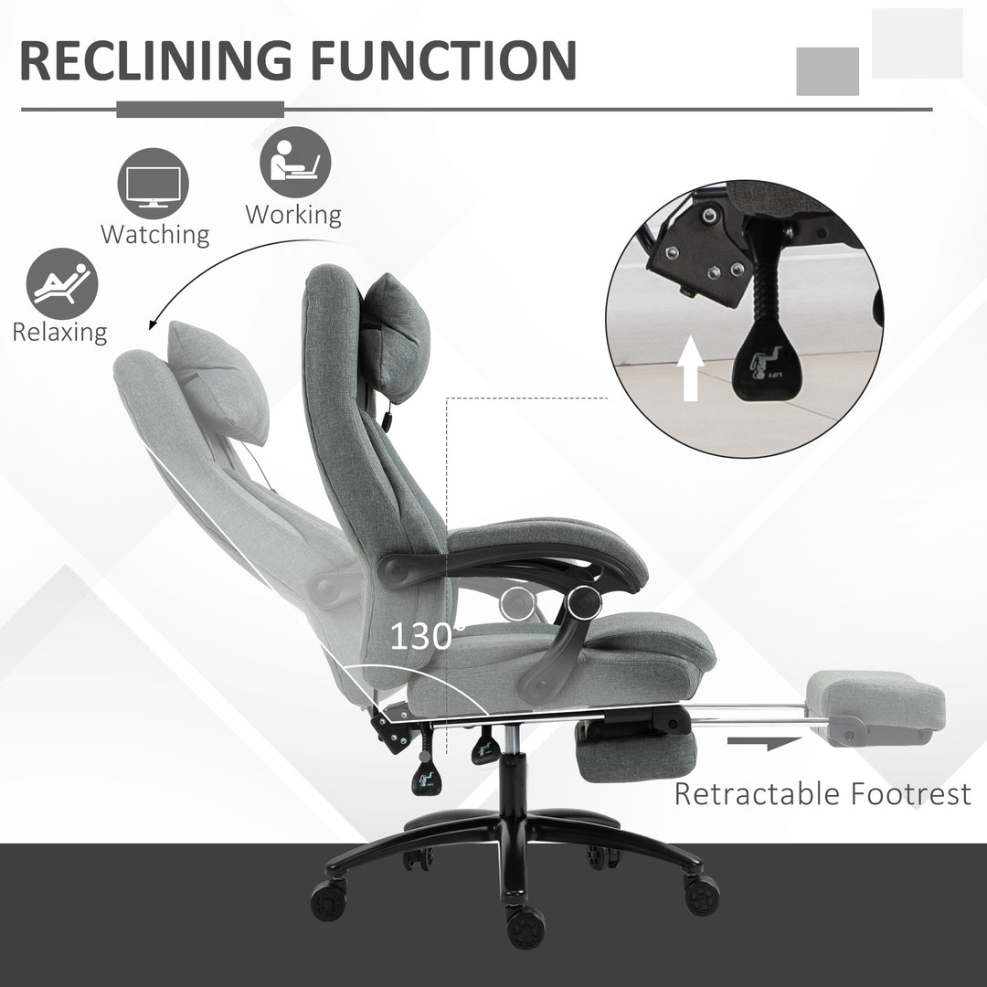 Office Chair, Fabric Desk Chair with Adjustable Massage Pillow, USB Power and Retractable Footrest, High Back, 360° Swivel, for Home, Grey