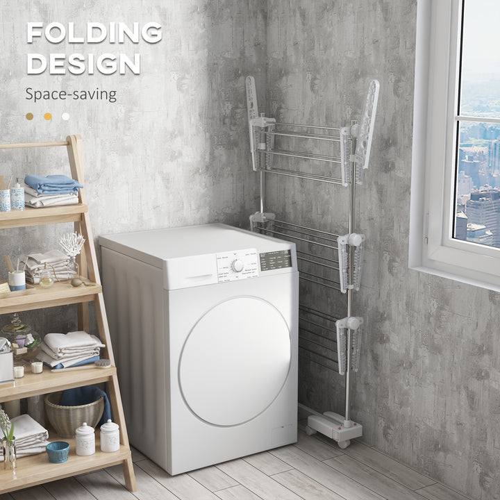 MCL 3-Tier Clothes Airer, Stainless Steel Foldable Clothes Drying Rack with Wheels and Wings, Indoor and Outdoor, Easy Assembly, 142 x 55 x 152cm, White