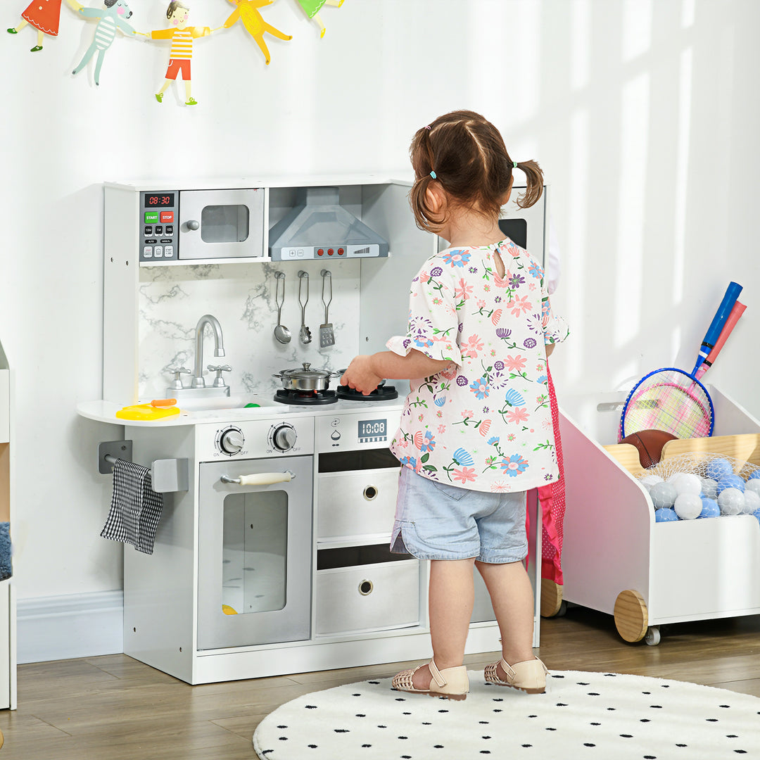 AIYAPLAY Toy Kitchen with Lights Sounds, Apron and Chef Hat, Ice Maker, Microwave, for 3-6 Years Old - White | Aosom UK