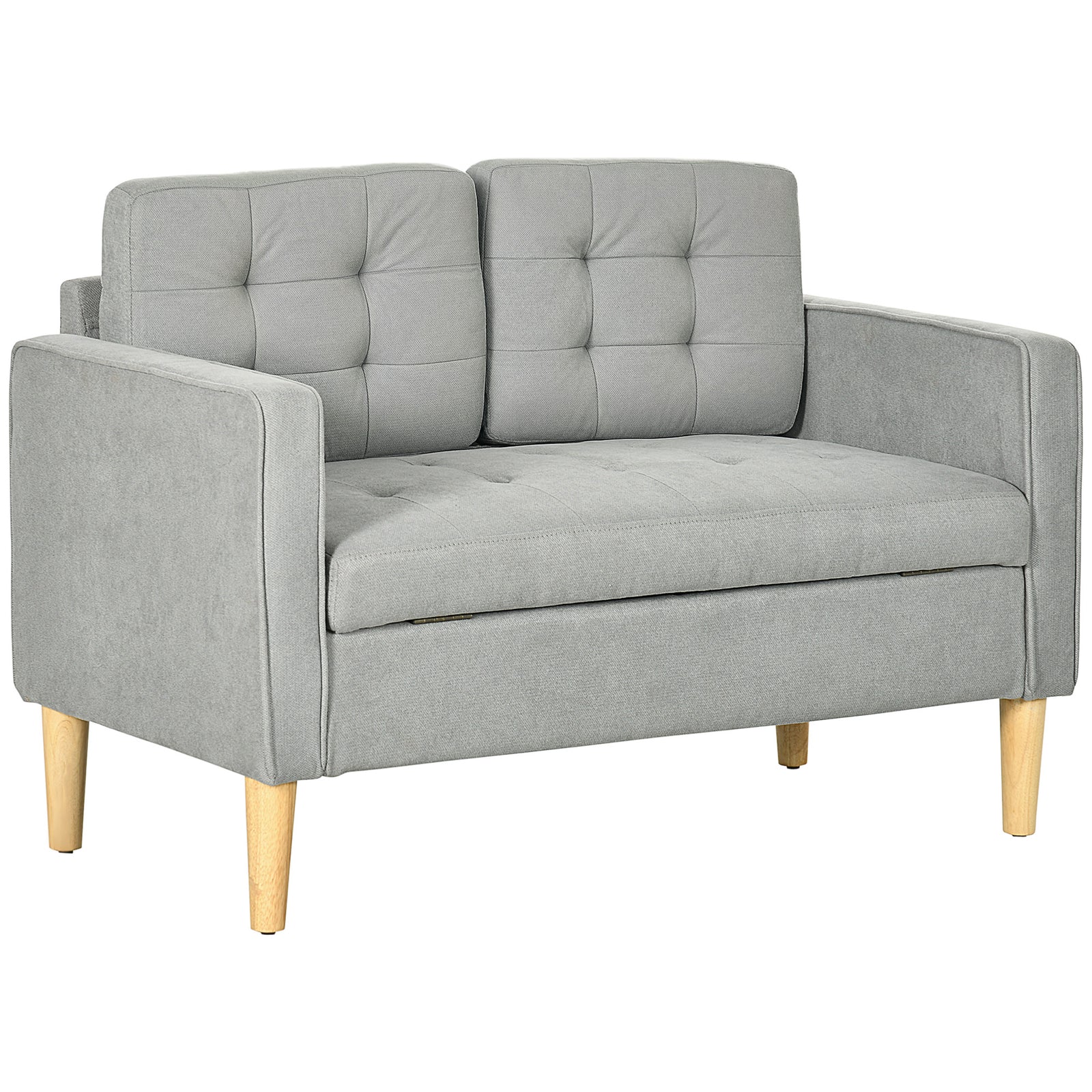 Modern 2 Seater Sofa with Hidden Storage, 117cm Tufted Cotton Couch with Wood Legs, Compact Loveseat for Living Room, Kitchen, Light Grey