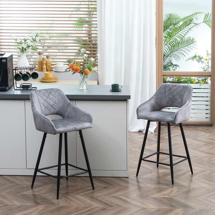 HOMCOM Set of 2 Bar stools With Backs, Velvet-Touch Fabric Counter Height Bar Chairs, Kitchen Stools with Steel Legs for Dining Area, Grey | Aosom UK