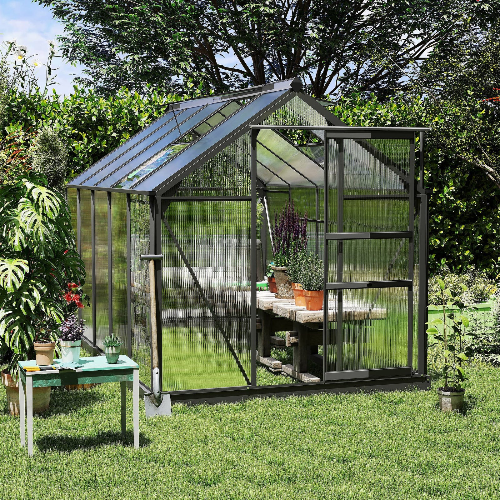 6 x 10ft Polycarbonate Greenhouse, Large Walk-In Green House with Slide Door and Window, Garden Plants Grow House with Aluminium Frame and Foundation, Grey