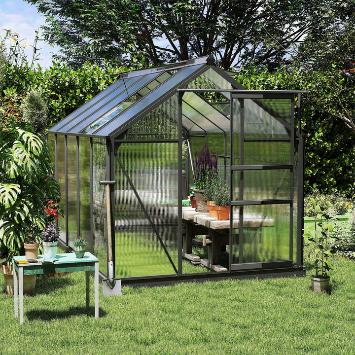 MCL 6 x 10ft Polycarbonate Greenhouse, Large Walk-In Green House with Slide Door and Window, Garden Plants Grow House with Aluminium Frame and Foundation, Grey