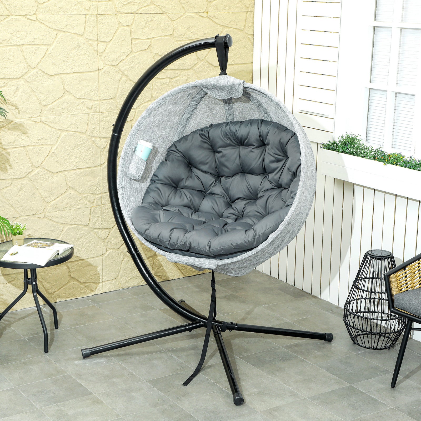 Hanging Egg Chair Outdoor Indoor Garden Swing Chair with Folding Basket, Garden Hanging Chair with Stand, Thickened Cushion, Cup Holder for Patio, Balcony, Grey