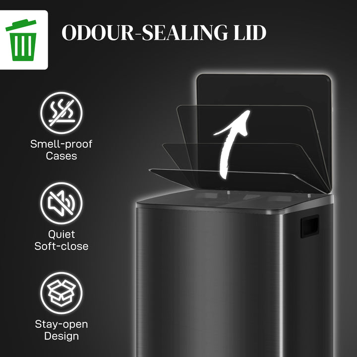 HOMCOM Dual Kitchen Bin, 2 x 30L Double Bin for Recycling and Waste, Stainless Steel Pedal Bin w/ Soft-Close Lid, Removable Inner Buckets | Aosom UK