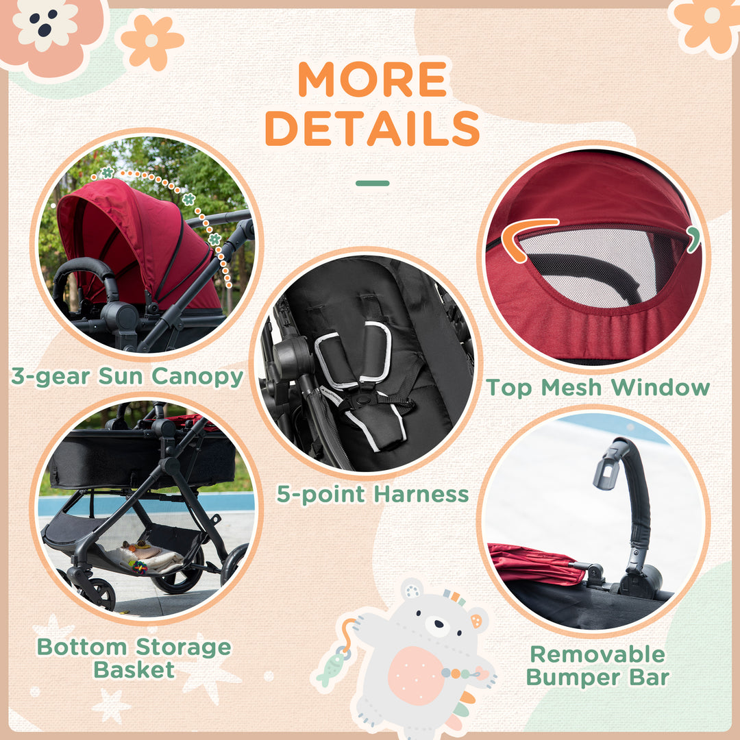 HOMCOM 2 in 1 Reversible Seat Pushchair, Lightweight, Foldable Travel Stroller, Fully Reclining, 5-point Harness, Red