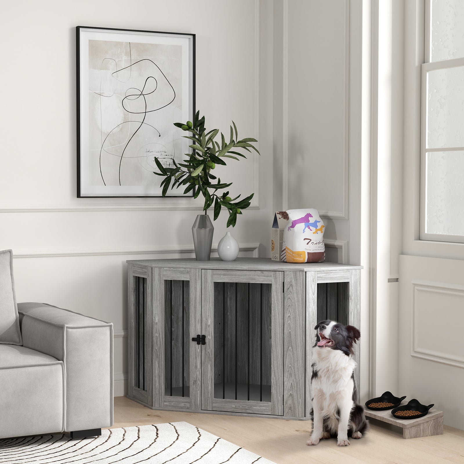 Dog Crate Furniture Side Table, with Cushion, 122 x 61 x 71cm - Grey