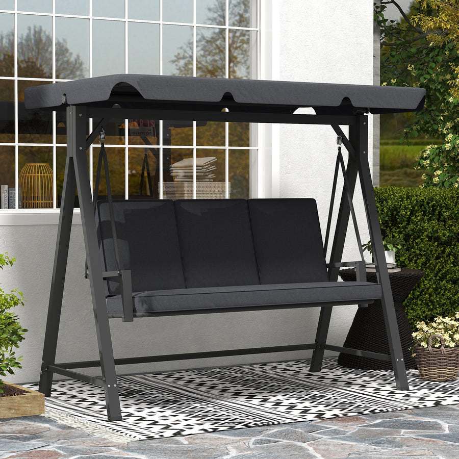 Three-Seater Garden Swing Bench, with Adjustable Canopy - Dark Grey