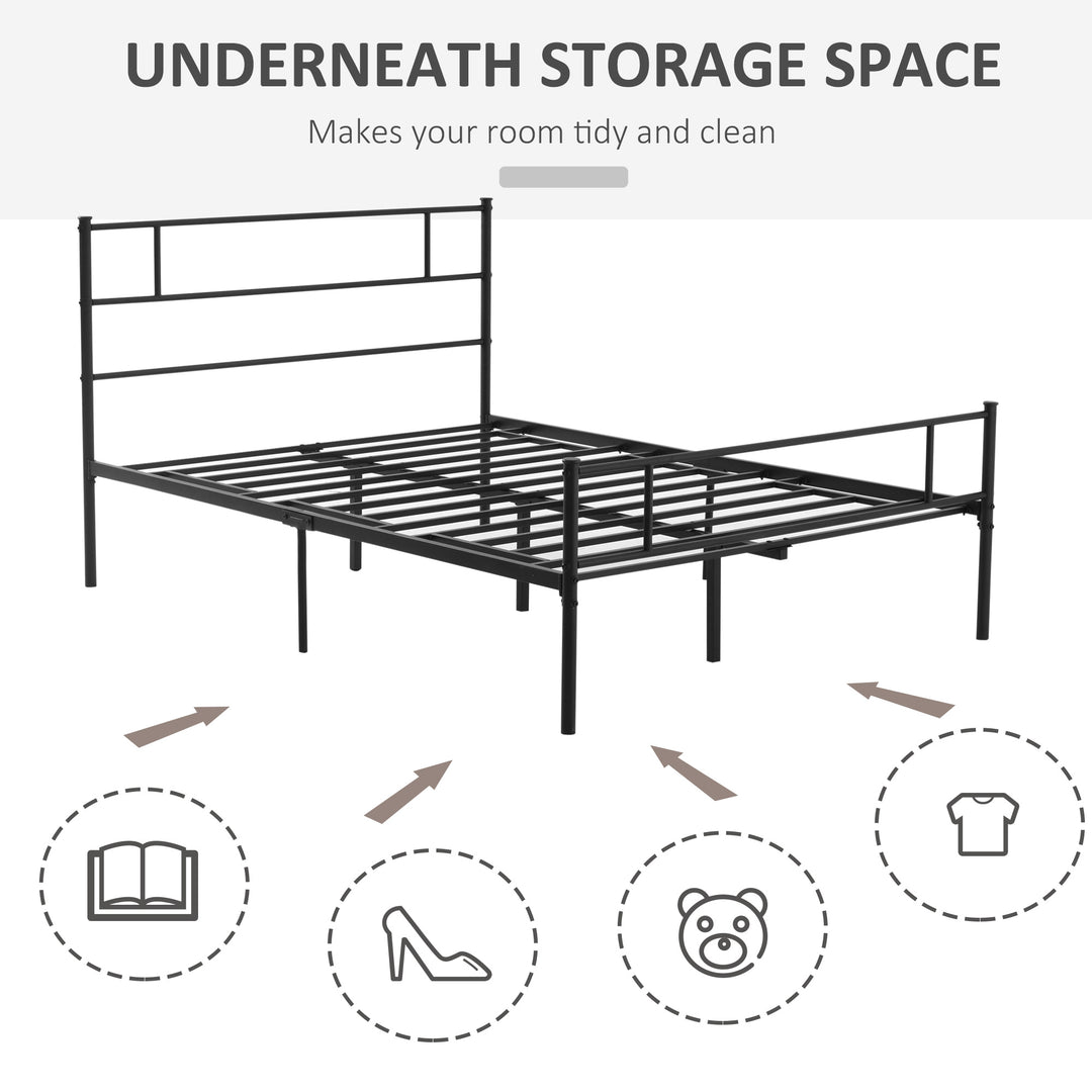 Double Metal Bed Frame Solid Bedstead Base with Headboard and Footboard, Metal Slat Support and Underbed Storage Space, Bedroom Furniture, Black