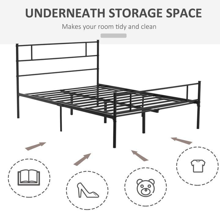 Double Metal Bed Frame Solid Bedstead Base with Headboard and Footboard, Metal Slat Support and Underbed Storage Space, Bedroom Furniture, Black