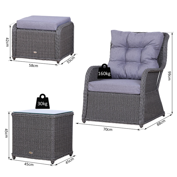 Outsunny 2 Seater Deluxe Garden Rattan Furniture Sofa Chair & Stool Table Set Patio Wicker Weave Furniture Set Aluminium Frame, Grey | Aosom UK