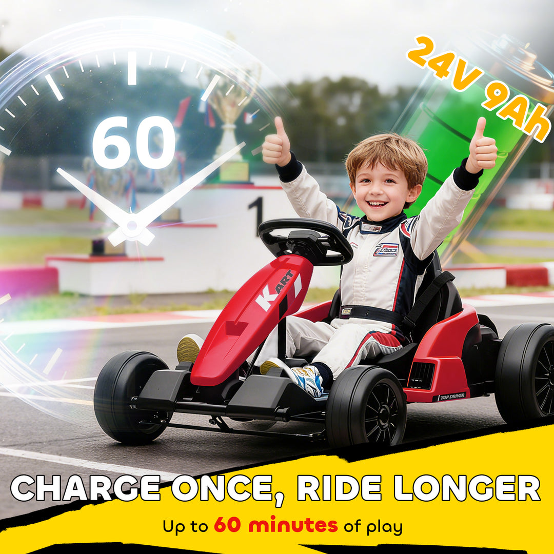 24V Electric Go Kart, Drift Kart with Adjustable Seat, Slow Start, 5-Point Harness, Music, Horn, for 6-12 Years
