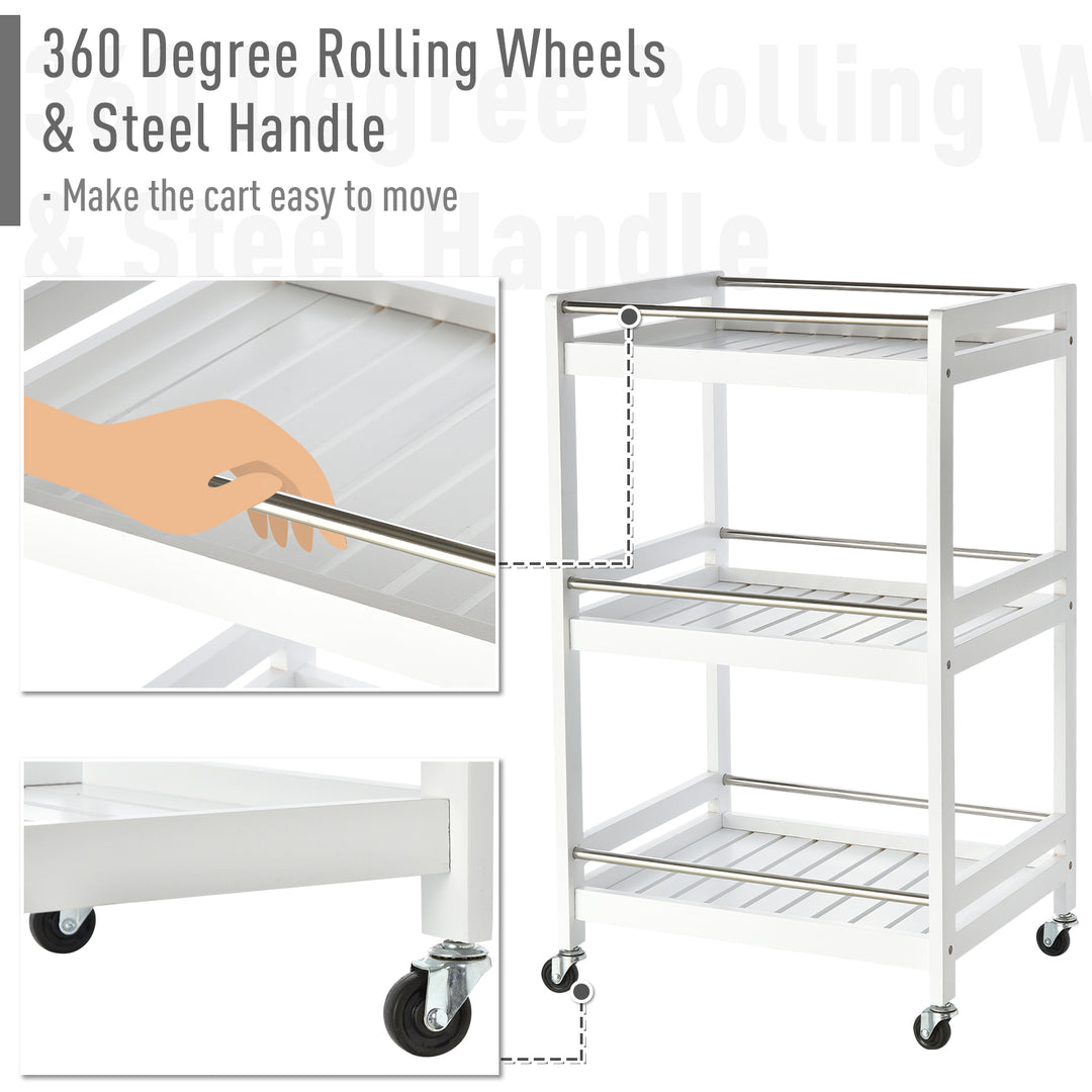 MCL 3-Tier Home Trolley Kitchen Storage Cart w/ Steel Bars 4 Universal Wheels Rolling Unit Organiser Living Room White
