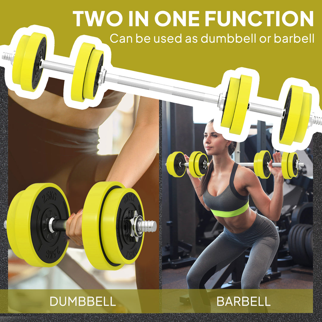 20KGS 2-In-1 Dumbbell & Barbell Adjustable Set Strength Muscle Exercise Fitness Plate Bar Clamp Rod Home Gym Sports Area, Yellow