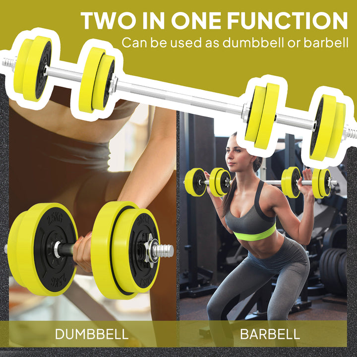 20KGS 2-In-1 Dumbbell & Barbell Adjustable Set Strength Muscle Exercise Fitness Plate Bar Clamp Rod Home Gym Sports Area, Yellow
