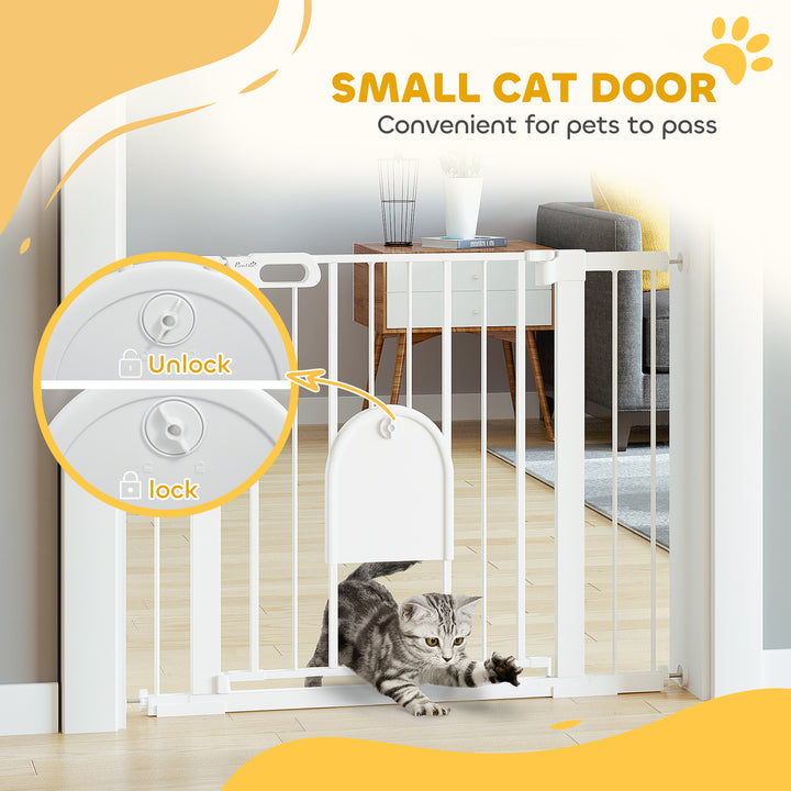 MCL Dog Gate with Cat Flap Pet Safety Gate Barrier, Stair Pressure Fit, Auto Close, Double Locking, for Doorways, Hallways, 75-103 cm White