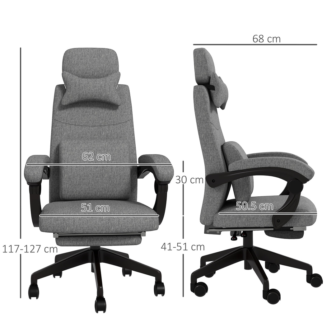 Linen-Look Office Chair, with 160° Reclining Back and Footrest - Grey