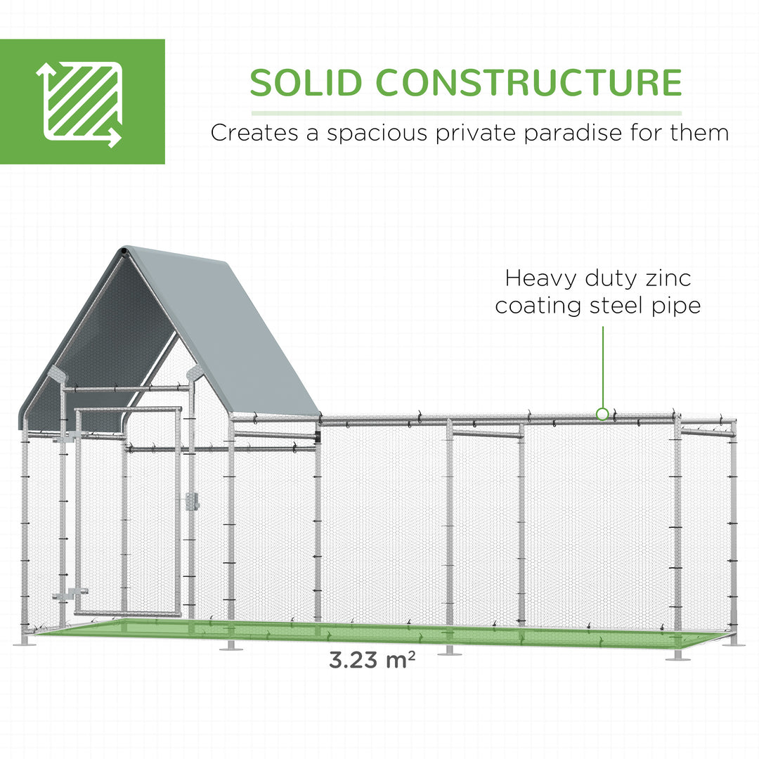 Walk In Chicken Run Chicken Coop, Large Poultry Cage Hen House for 6-8 Chickens Outdoor w/ Water-Resist Cover 302 x 107 x 172cm