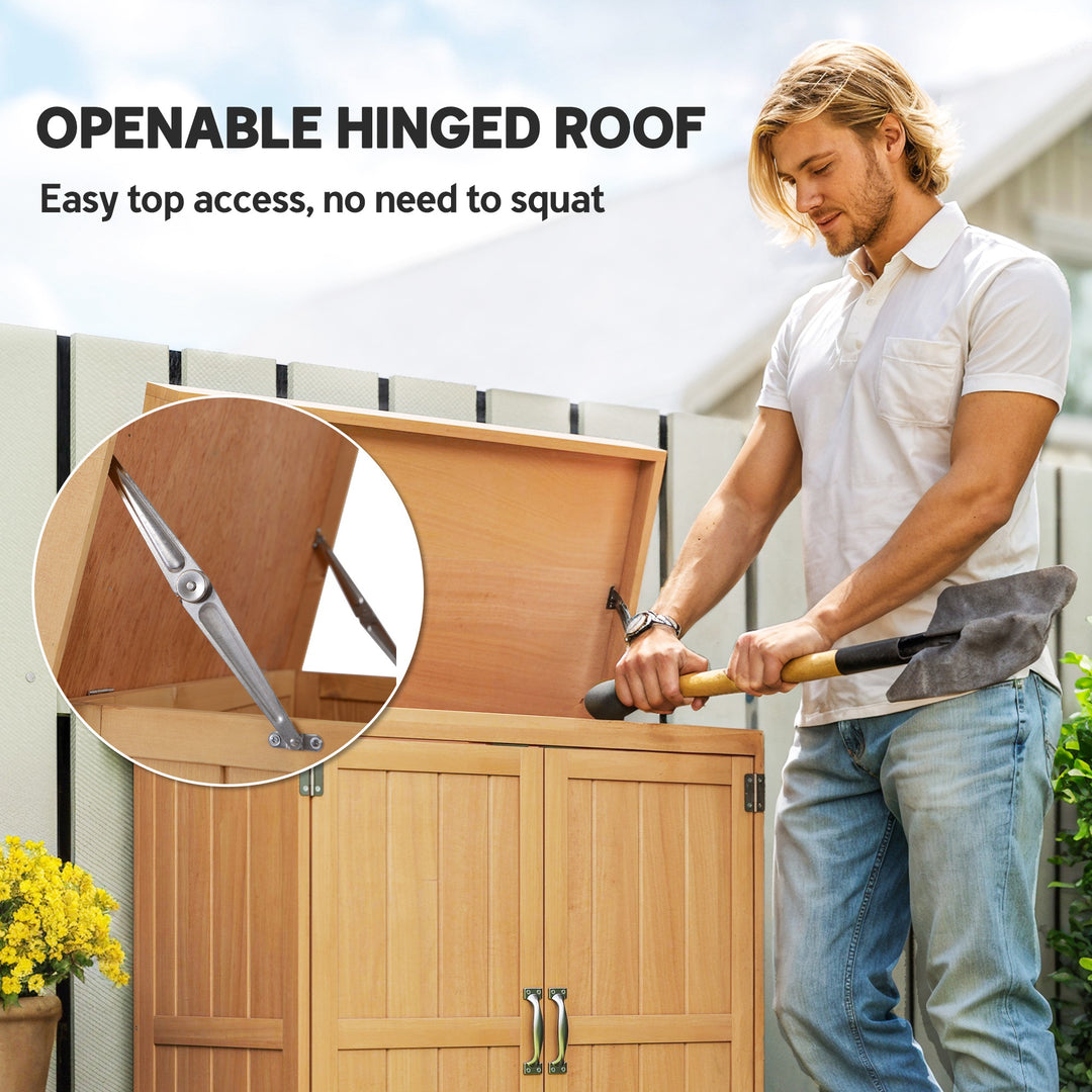 Small Shed, Wooden Garden Shed with Openable Hinged Roof and Removable Shelf, Outdoor Tool Storage Cabinet Chest with Double Doors, 74 x 43 x 88 cm, Natural Wood Finish