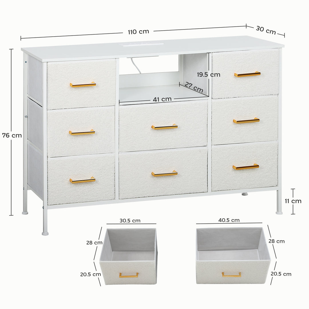 Boucle Chest of Drawers, 8 Fabric Drawers Storage Organiser with Charging Station, 2 USB and 2 AC Ports, Steel Frame, Fabric Dresser for Living Room, Bedroom, Hallway, Cream White