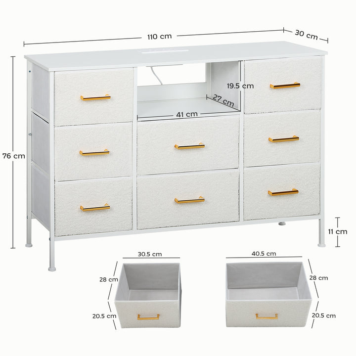 Boucle Chest of Drawers, 8 Fabric Drawers Storage Organiser with Charging Station, 2 USB and 2 AC Ports, Steel Frame, Fabric Dresser for Living Room, Bedroom, Hallway, Cream White