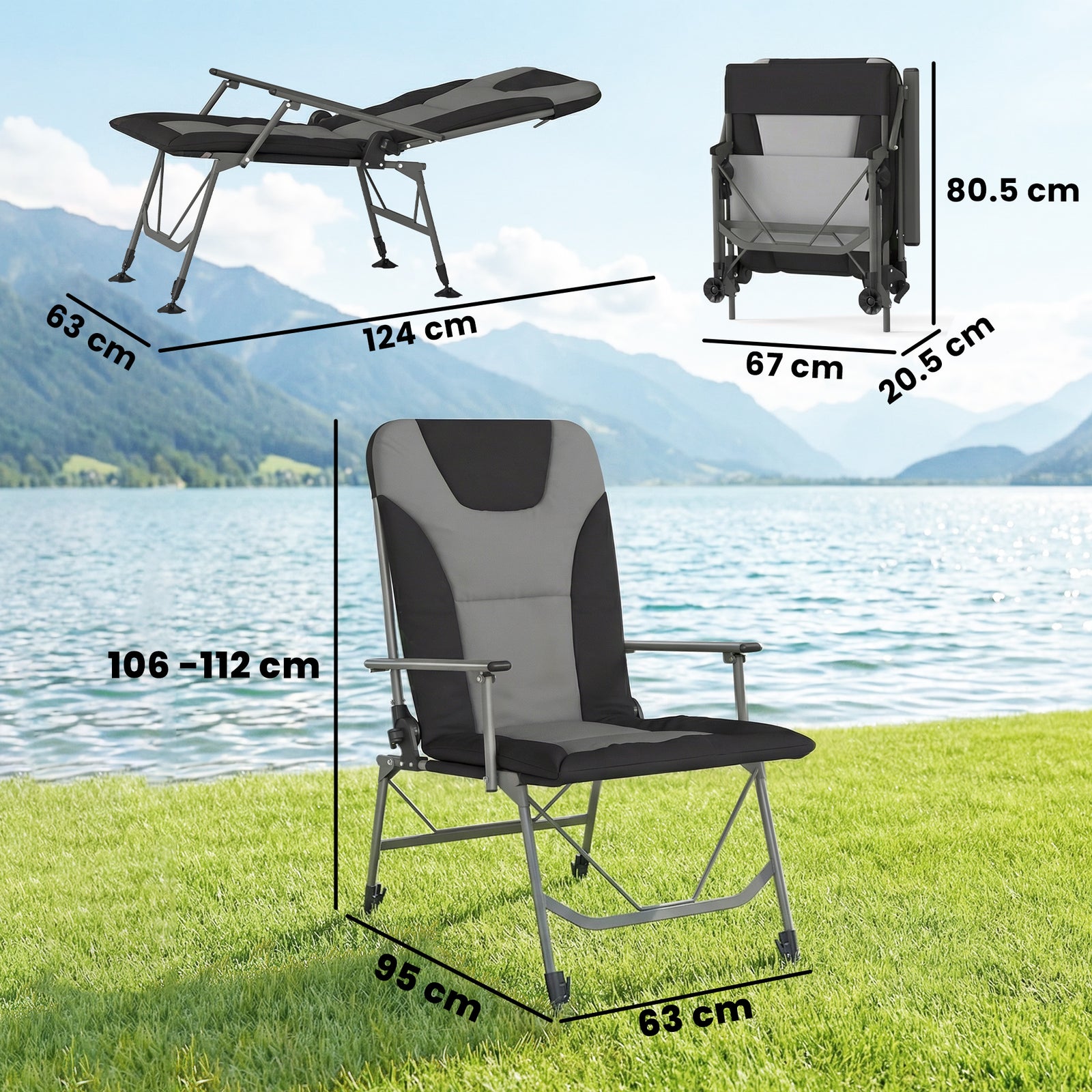 Camping Chair Padded Reclining Folding Chair with Wide Armrests for Ad