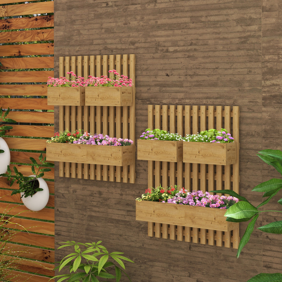 Set of 2 Wall-mounted Wooden Garden Planters with Trellis, Drainage Holes and Movable Planter Boxes, Wall Raised Garden Bed for Patio, Carbonised