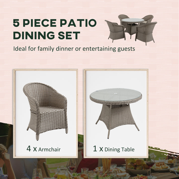 4 Seater Rattan Garden Furniture Set with Cushions, Round PE Rattan Dining Set with Glass-Top Table, Umbrella Hole, Outdoor Garden Table and Chairs, Mixed Grey