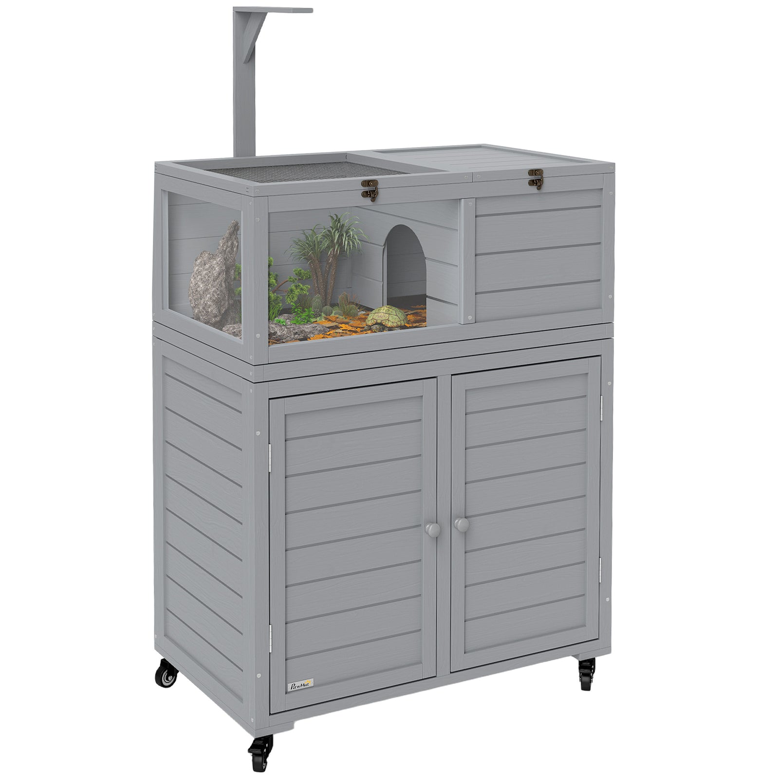Wooden Tortoise House with Storage Cabinet, Openable Top, Lamp Holder, Windows, Light Grey