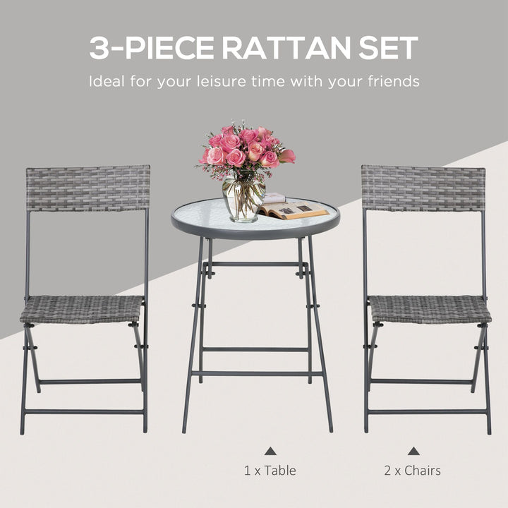 3 Pieces Rattan Bistro Set, Wicker Folding Garden Furniture Set with Glass Top Coffee Table and Chairs for Outdoor, Patio, Balcony, Grey