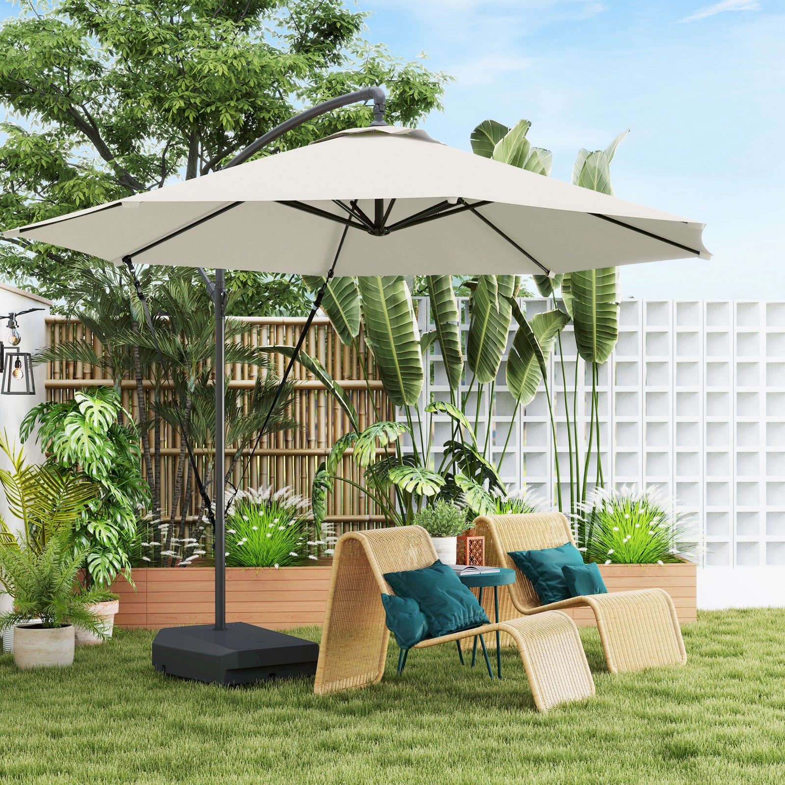 3(m) Garden Cantilever Parasol with Fillable Base up to 90kg, Wind Protection Strap, Cover, Round Banana Hanging Umbrella with Crank Handle and Tilt, UPF50+ Patio Umbrella, Cream