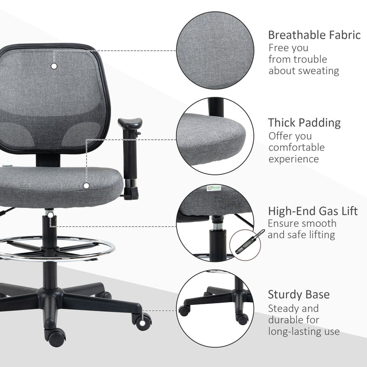 Drafting Chair, Fabric Office Chair, Ergonomic Painting Chair with Height Armrest Adjustable and Foot Ring, 360° Swivel Stool Chair for Standing Desk, Grey