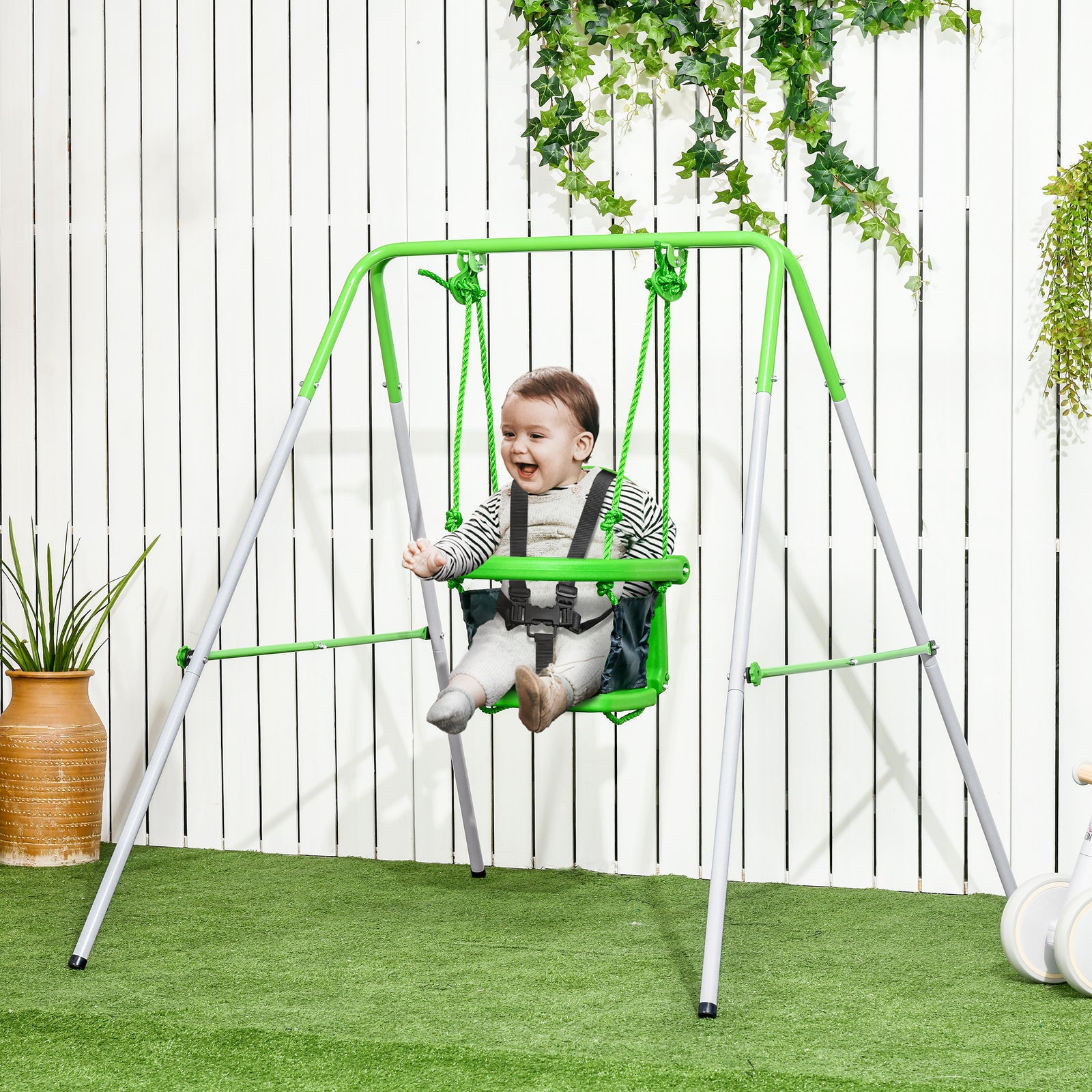 Kids Swing, Steel Nursery Swing, with Seatbelt, High Support Back, Front Guard, for Ages 6-36 Months - Green