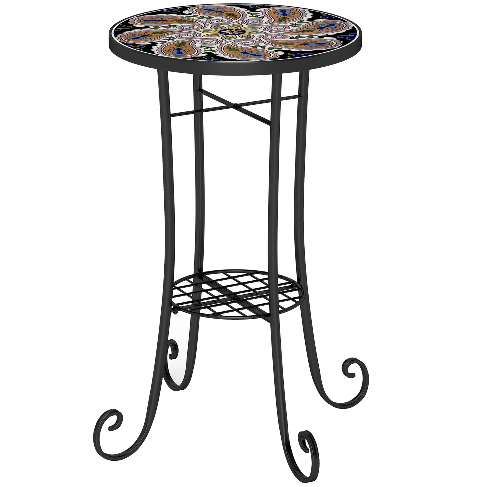 Mosaic Garden Table, 35.5 cm Round Outdoor Table with Shelf, Ceramic Tile Top, Small Garden Side Table Bistro Table End Table Plant Stand for Indoor, Patio, Balcony, Orange