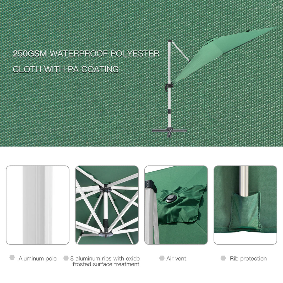 3 x 3(m) Cantilever Roma Parasol, Square Garden Umbrella with Cross Base, Crank Handle, Tilt, 360° Rotation and Aluminium Frame, Green