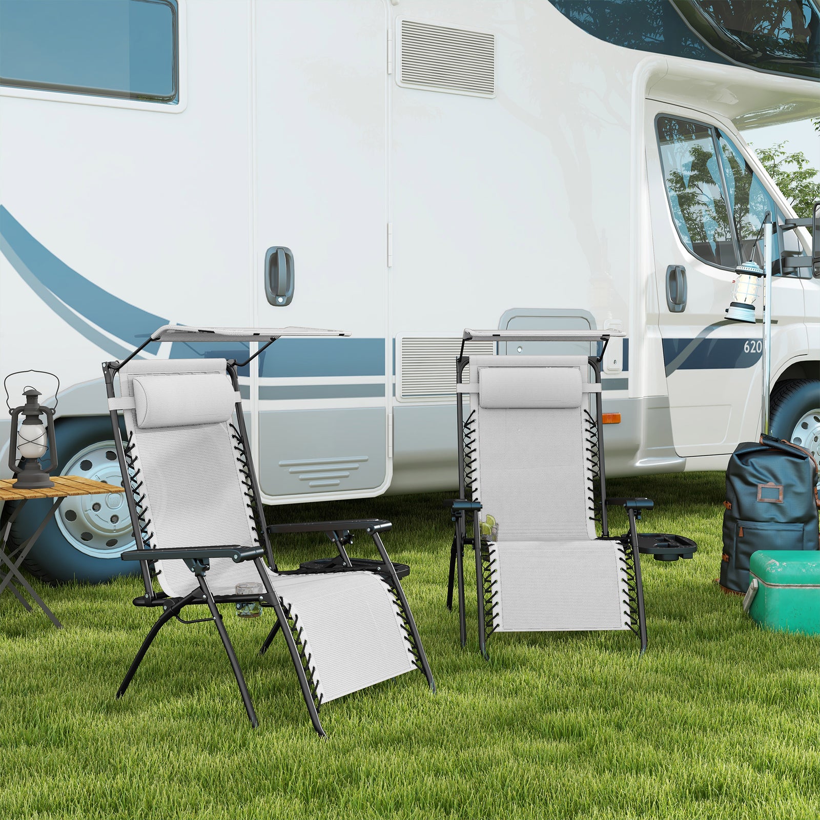 2 Piece Foldable Reclining Garden Chair with Headrest, Zero Gravity Deck Sun Lounger Seat Chair with Footrest, Armrest, Cup Holder & Canopy Shade, White