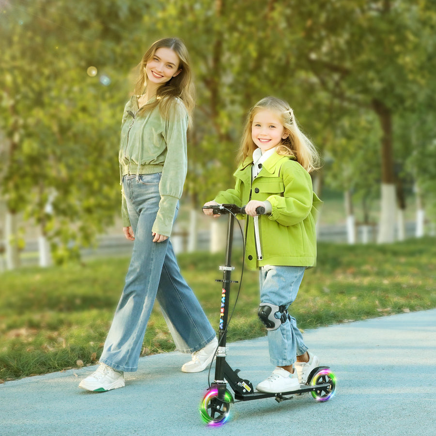 AIYAPLAY Scooter for Kids Aged 3-8 Years, with Adjustable Handle, Two Light Up Wheels, Handbrake, Rear Brake, Black