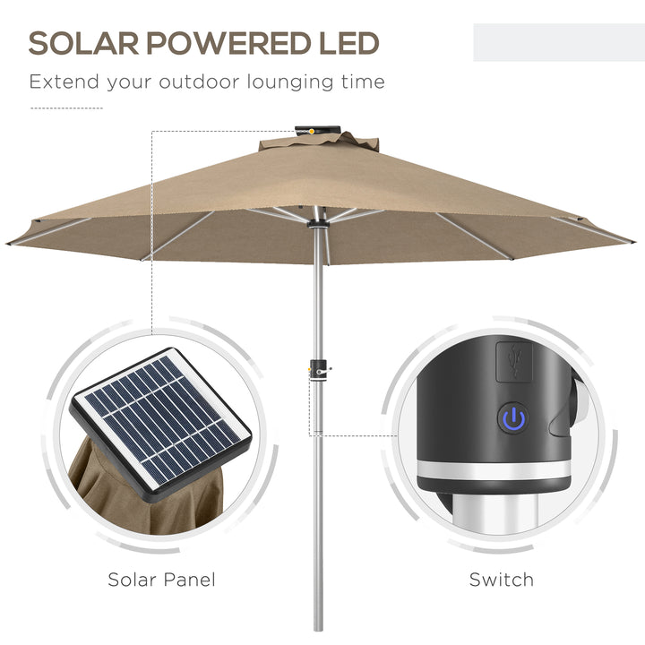 3m Parasol, with Solar-Powered LED Lights - Khaki