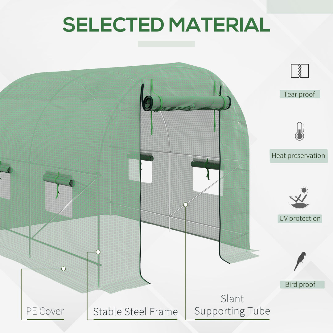 Walk-In Garden Polytunnel Greenhouse with Steel Frame, PE Cover, Roll-Up Door and 4 Windows, 2.5 x 2m, Green