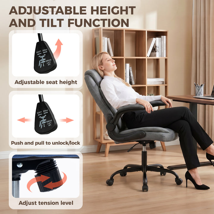 Linen-Look Computer Desk Chair, Executive Office Chair with Flip-Up Ar