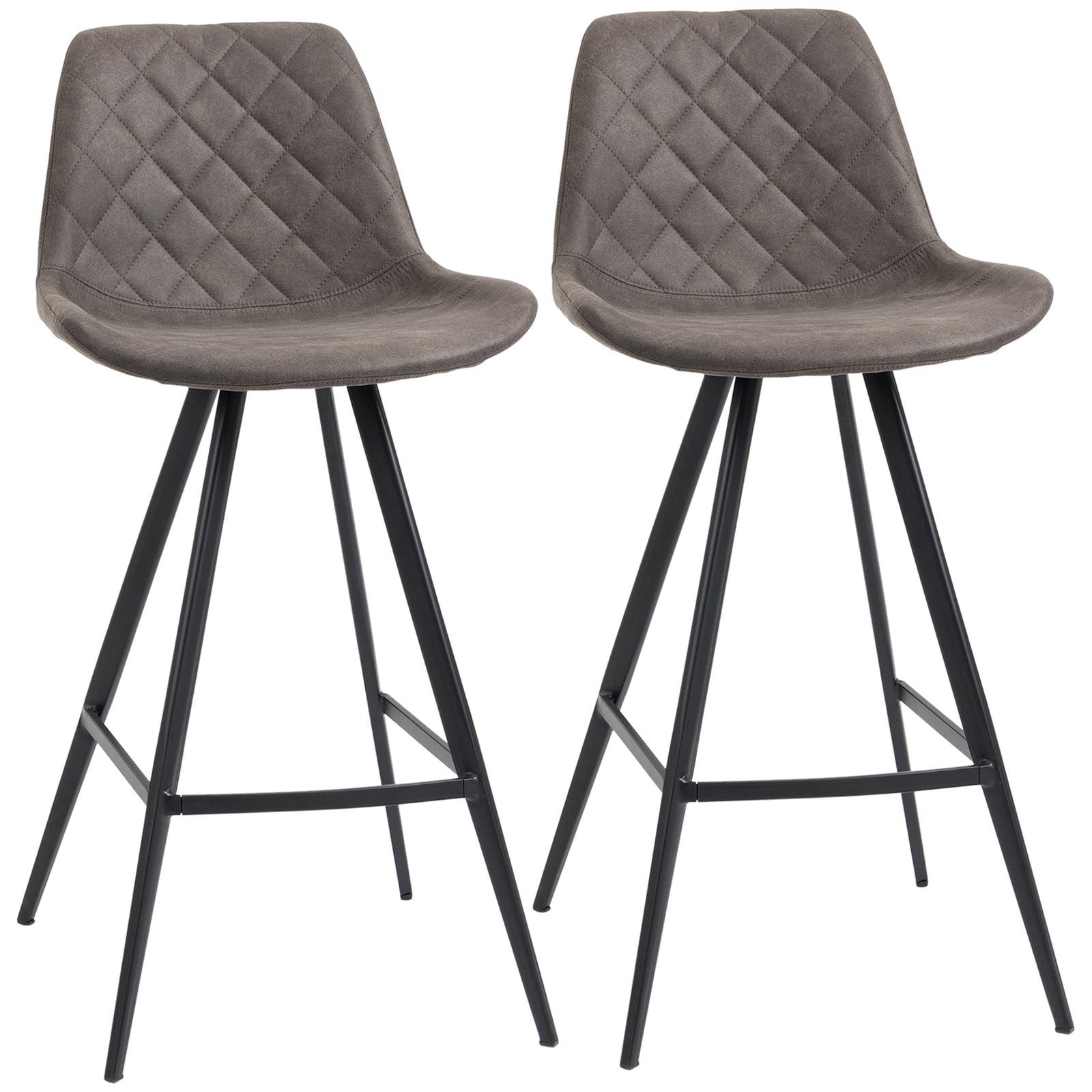 Set Of 2 Bar Stools Vintage Microfiber Cloth Tub Seats Padded Comfortable Steel Frame Footrest Quilted Home Bar Cafe Kitchen Chair Stylish Dark Grey
